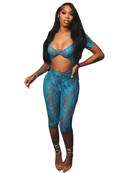 🖤 Lace U-Neck Cropped Jumpsuit – Long Sleeve High Stretch One-Piece