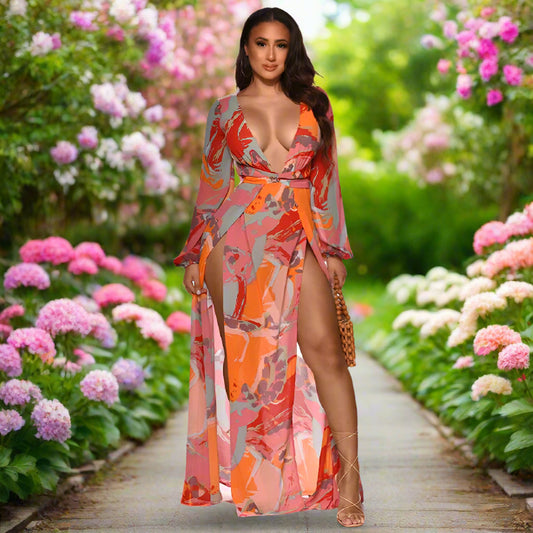 Tropical Sunset Deep V Maxi Dress – Long Sleeve, Bold Print, High Slit