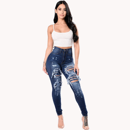 Women’s Ripped Washed Denim Skinny Jeans – Mid-Waist Stretch Fit in Black, Light Blue & Dark Blue