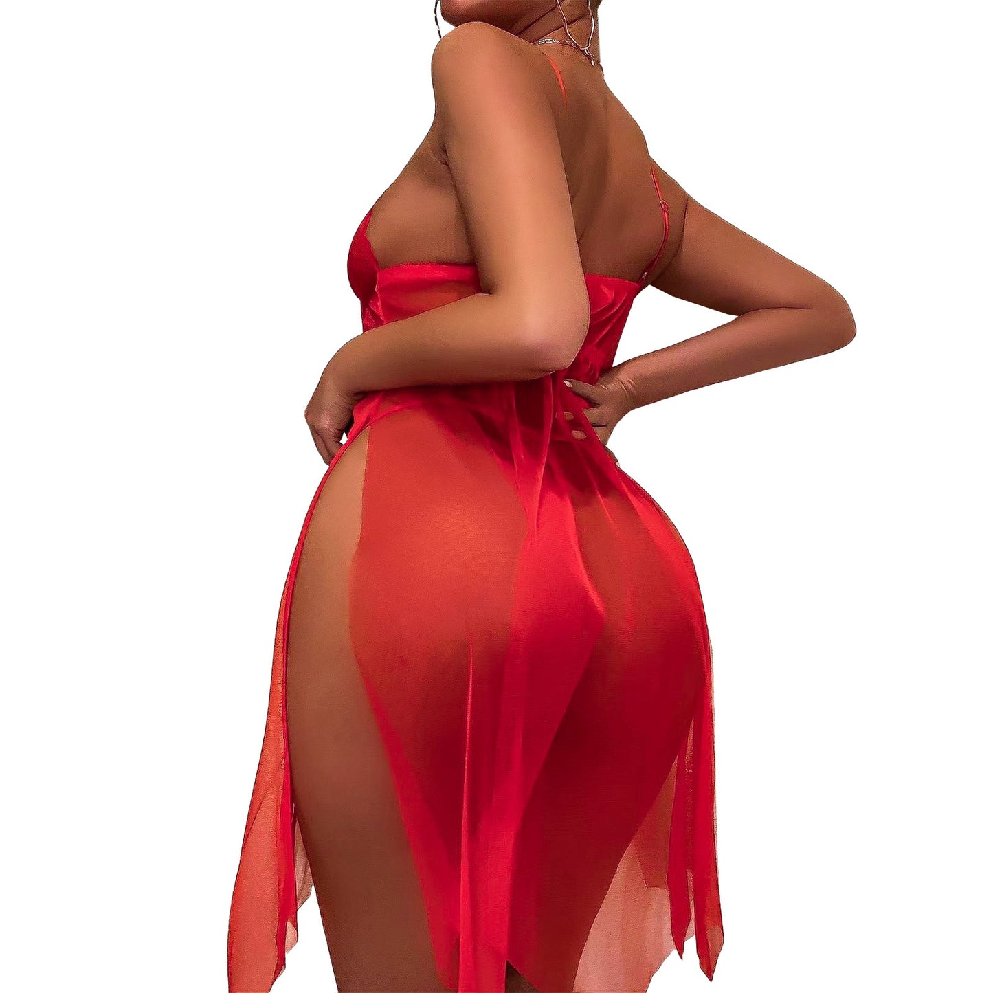 Sultry Scarlet Lace Mesh Babydoll Lingerie Set – Sheer Suspender Dress with Matching Panty