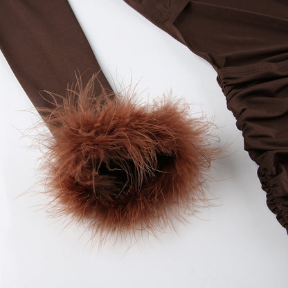 Glam Cutout Bodycon Mini Dress – Brown Long Sleeve Fur Cuff Ruffle Hem