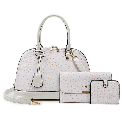 Women’s 3-Piece Ostrich Pattern Handbag Set – Retro Shell Tote, Clutch & Wallet
