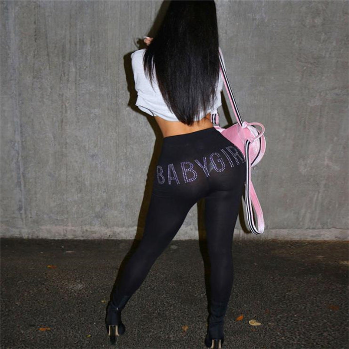 BABYGIRL Rhinestone Letter High-Waist Stretch Leggings – Streetwear Lounge Pants