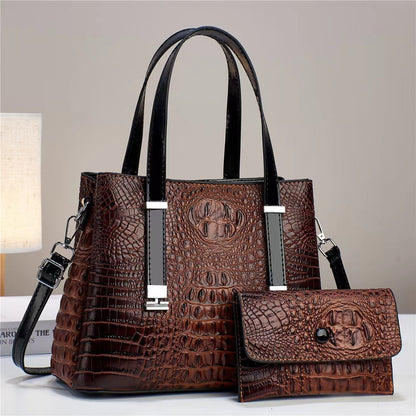 Women’s Crocodile Pattern Tote Bag Set – Large Capacity PU Leather Handbag with Matching Clutch