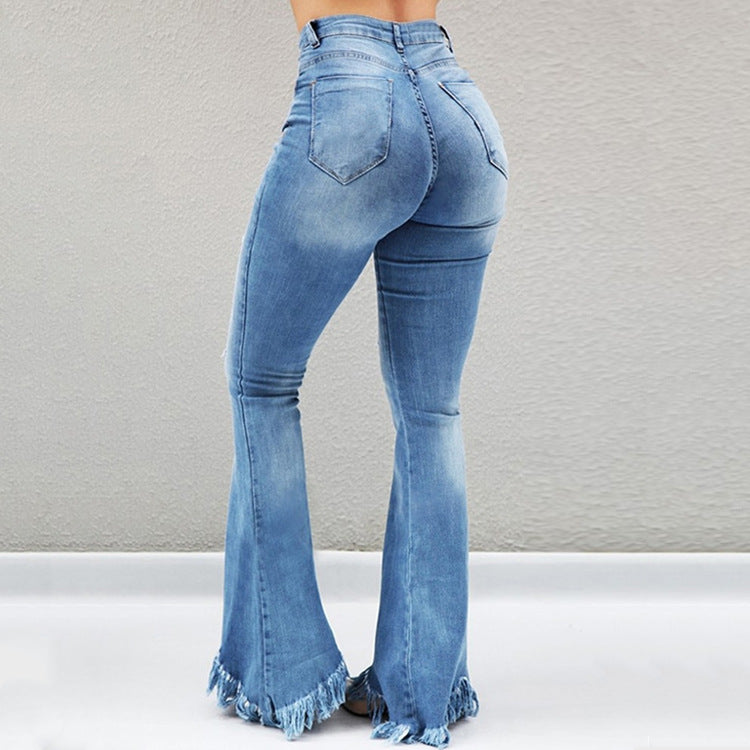 Fringe Flare Ripped High-Waist Slim Fit Denim Jeans