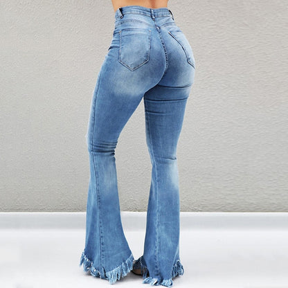 Fringe Flare Ripped High-Waist Slim Fit Denim Jeans