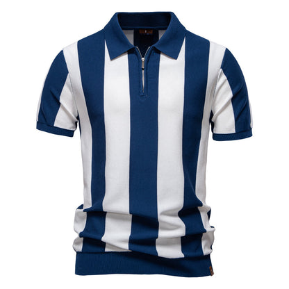 Men's Striped Woolen Polo Shirt – Short Sleeve Lapel Collar Top