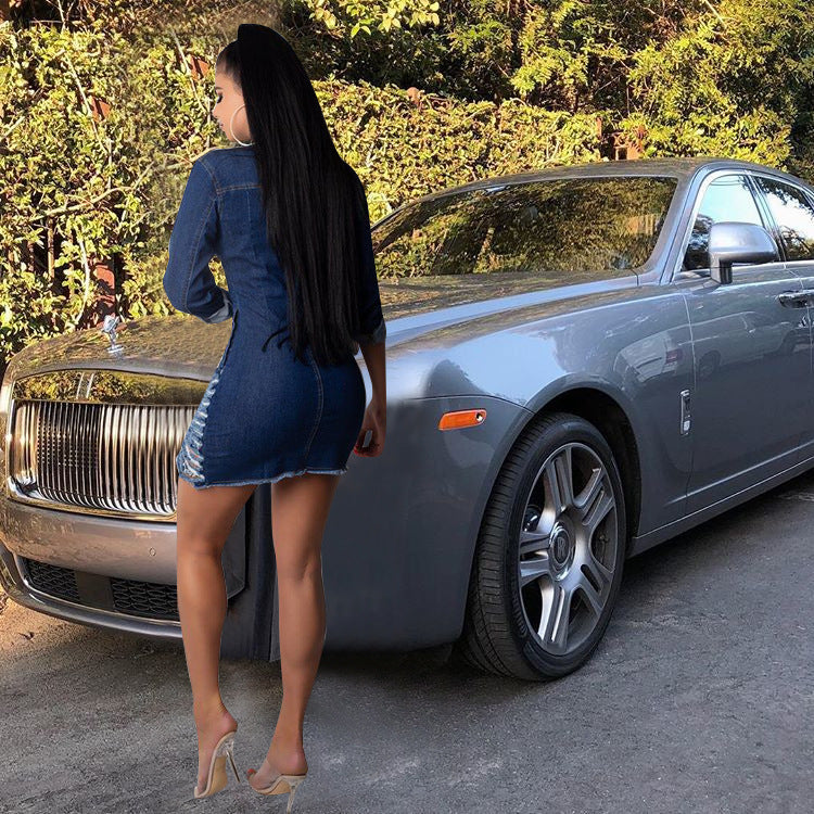 Women’s Shredded Button-Down Denim Mini Dress – Fitted Long Sleeve Casual Streetwear