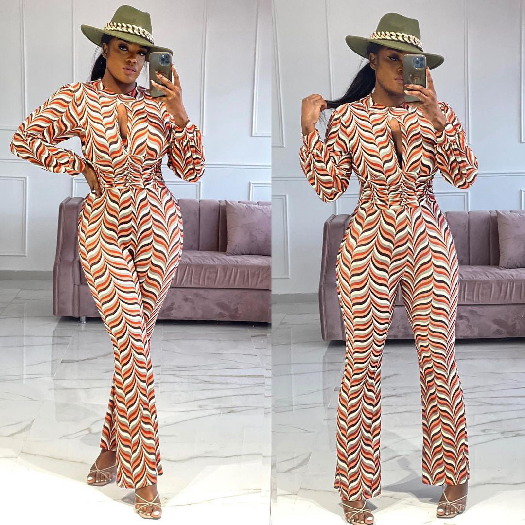 🌟 Cutout Nipped Waist Smocked Print Flared Jumpsuit