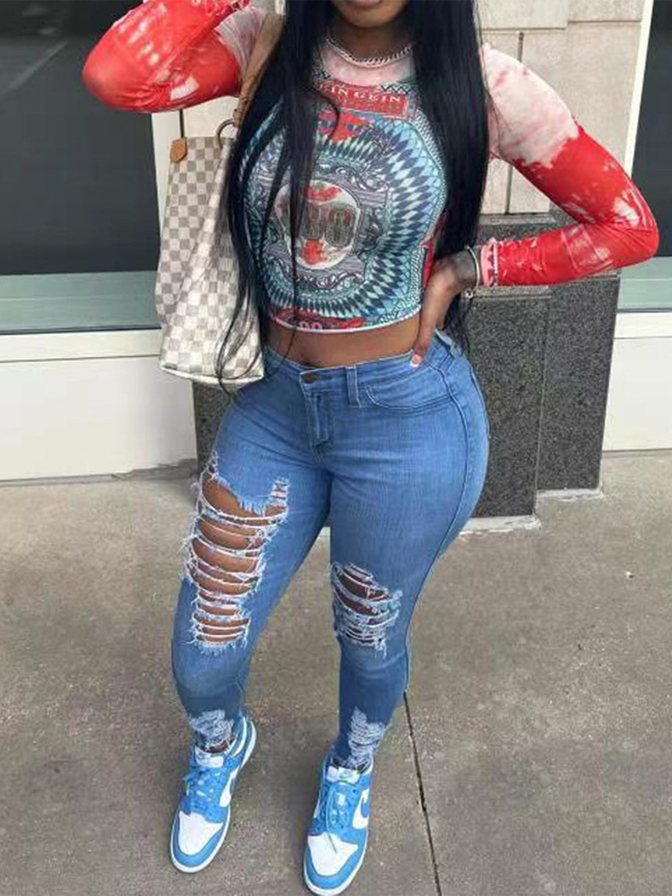 👖 High Waist Ripped Denim Skinny Jeans for Women – Stretch Fit, Blue Wash