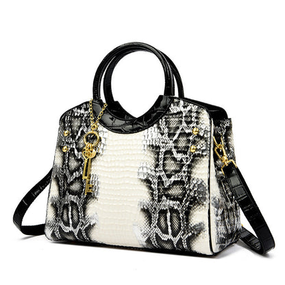 Women’s Luxury Snakeskin Pattern Genuine Leather Handbag – Retro Large Tote with Gold Key Charm