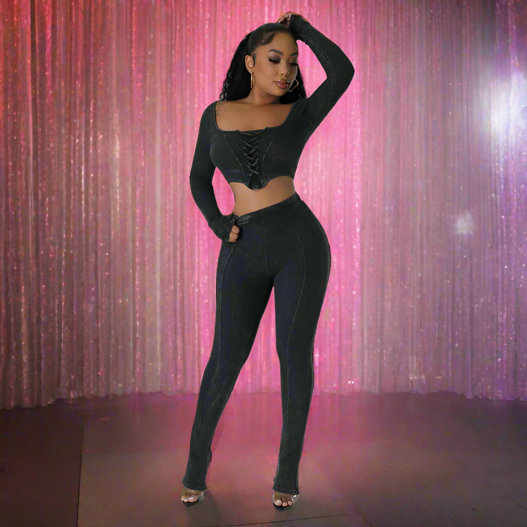 City Sleek Backless Two-Piece Set – Square Neck Top & Skinny Pencil Trousers