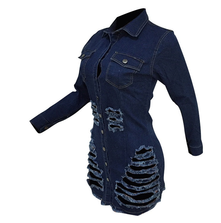 Women’s Shredded Button-Down Denim Mini Dress – Fitted Long Sleeve Casual Streetwear