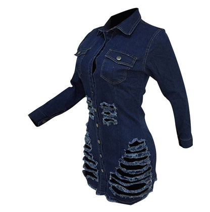 Women’s Shredded Button-Down Denim Mini Dress – Fitted Long Sleeve Casual Streetwear