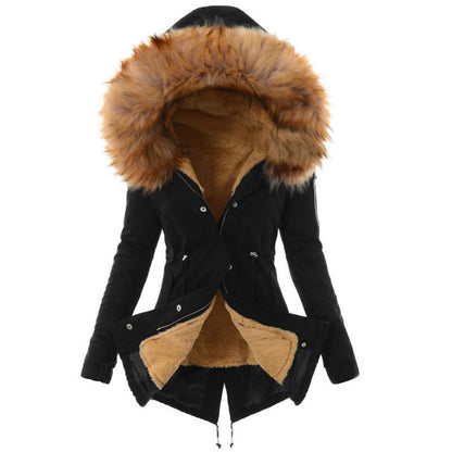 Women’s Fur Collar Cotton Jacket – Hooded Winter Warm Coat
