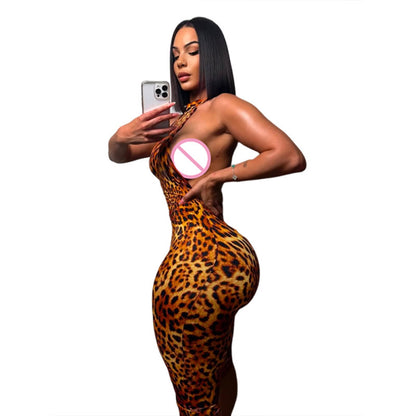 Sexy Sleeveless Halter Print Jumpsuit – Leopard, Floral & Tropical Bodycon Romper