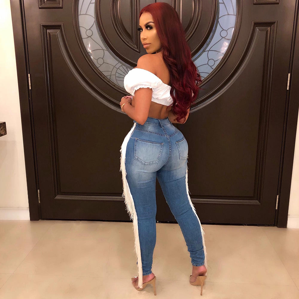 Wild Fringe Denim Jeans – Distressed High-Waist with Ruffle Drama