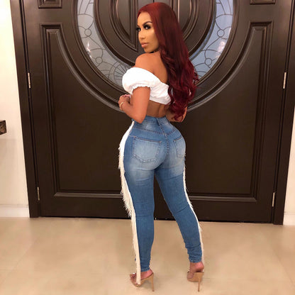 Wild Fringe Denim Jeans – Distressed High-Waist with Ruffle Drama