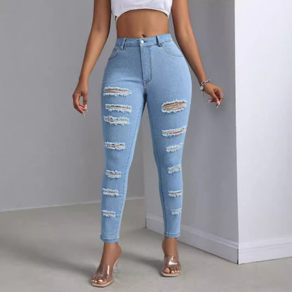 Women's Distressed Light Wash Skinny Jeans – Mid Waist Denim
