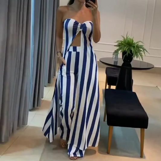 Nautical Nights Striped Cutout Jumpsuit – Strapless Resort Chic