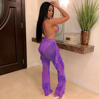 Ruffle Wave Tie-Dye Bikini Set – Festival Chic Wide-Leg Pant Look