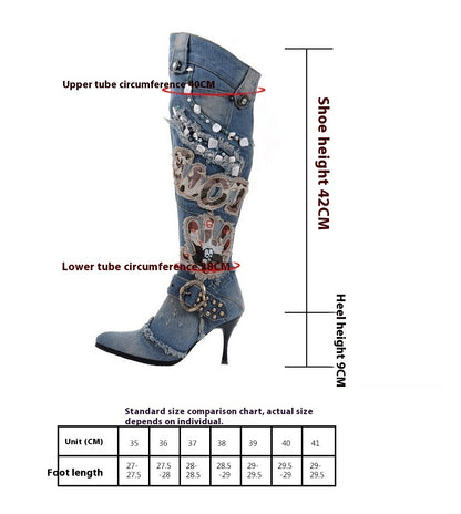 Women’s Distressed Denim Over-the-Knee Stiletto Boots with Belt Buckles & Beaded Accents