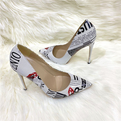 🔥 Bold Graffiti Print Pointed-Toe Stiletto Heels – Super High Heels in 8CM / 10CM / 12CM + Flat Option