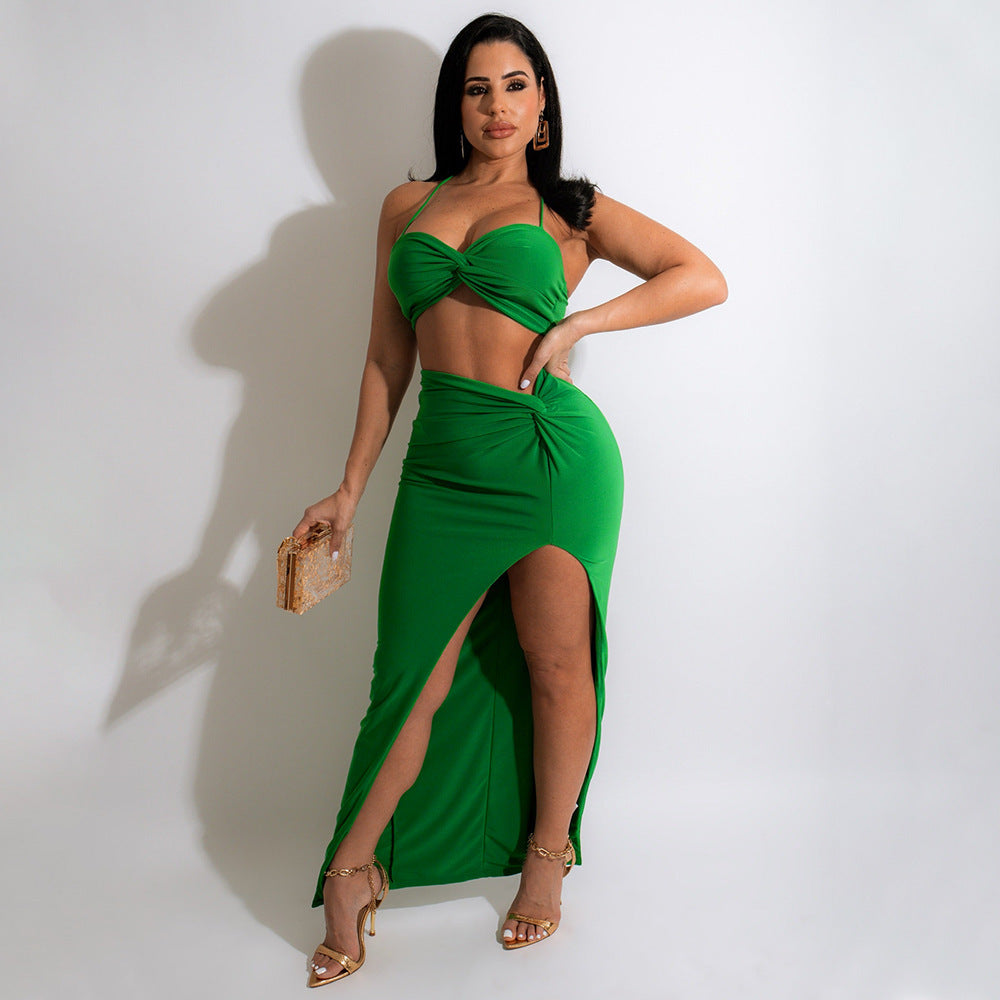 Ladies Pleated 2-Piece Halter Crop Top & Slit Maxi Skirt Set