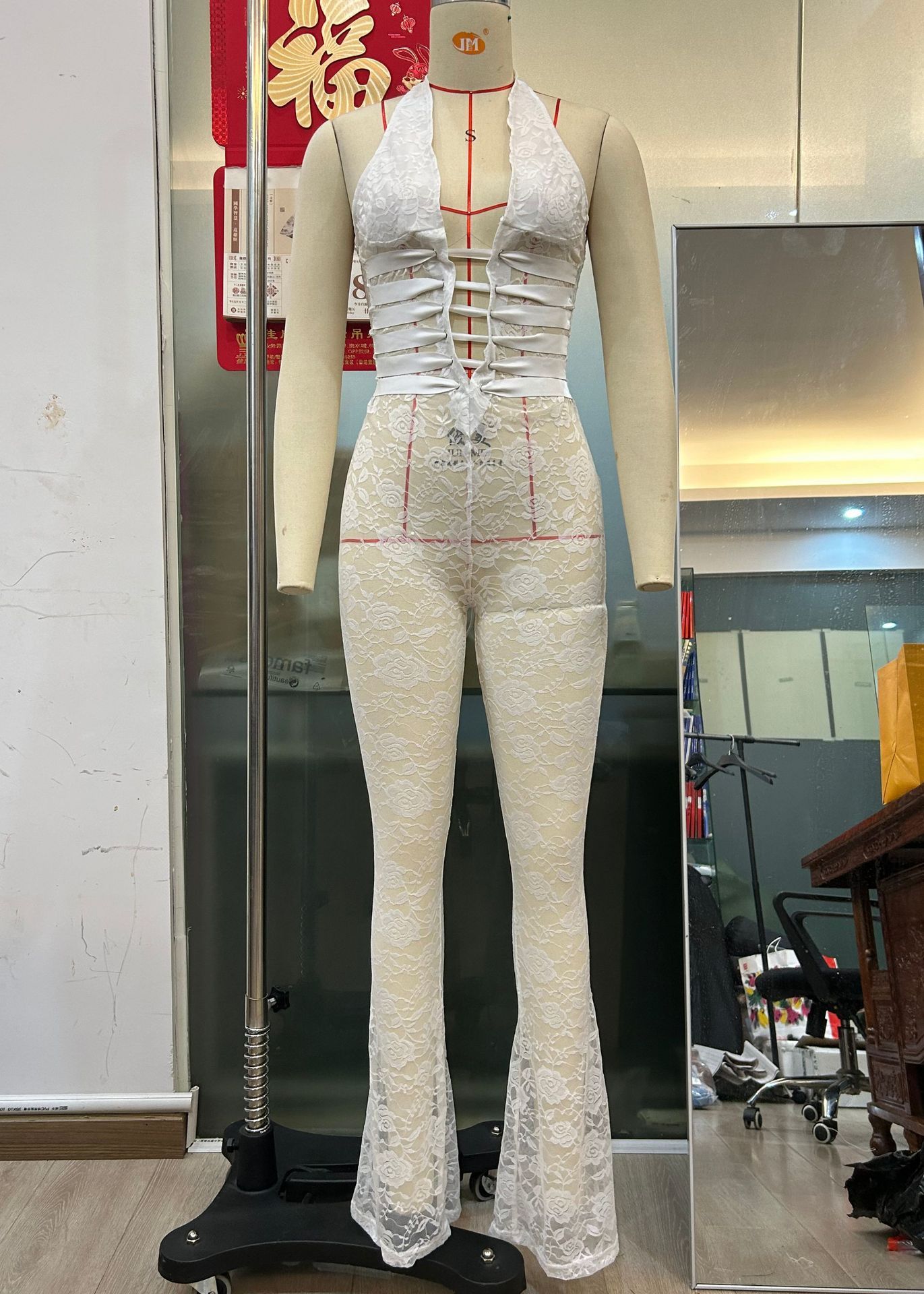 Lash Rope Lace-Up See-Through Slim Fit Jumpsuit – Women's Mesh Long Pants