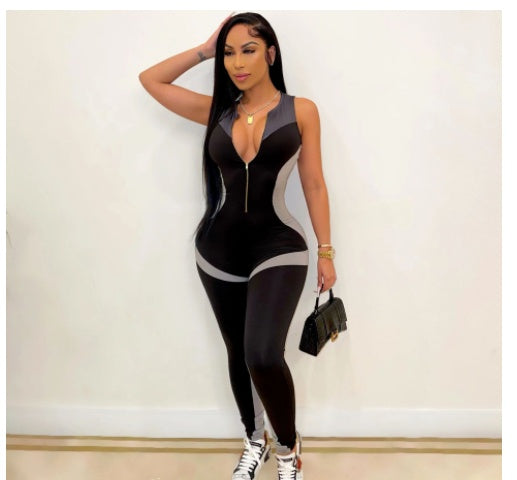 Glam Fit Colorblock Zipper Front Sleeveless Yoga Jumpsuit