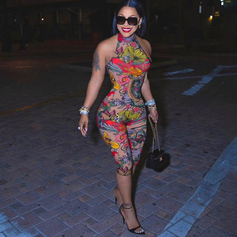 Sexy Sleeveless Halter Print Jumpsuit – Leopard, Floral & Tropical Bodycon Romper