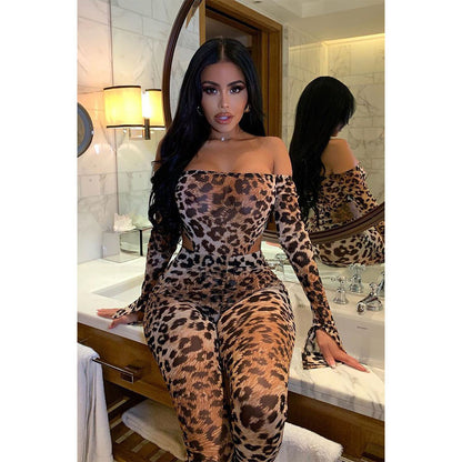 Sexy Leopard Print One-Shoulder Mesh Jumpsuit – High Waist Skinny Fit