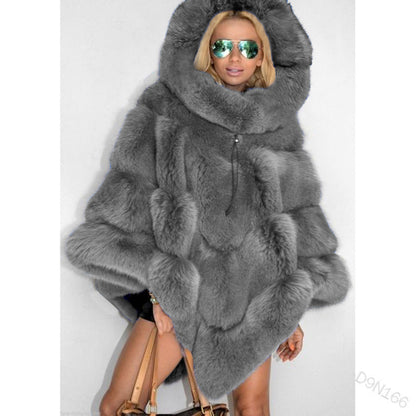 Luxury Hooded Faux Fur Patchwork Cape for Women – Oversized Plush Winter Coat in Elegant Solid Colors