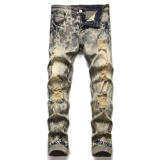 ⭐ Men’s Star Print Distressed Denim Jeans – Slim Fit Ripped Biker Style