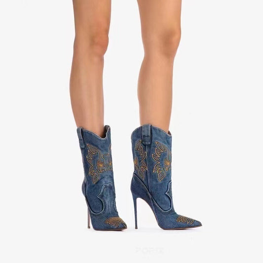 Western Chic Denim & PU Stiletto High-Heel Boots – Women's Fashion Statement Boots