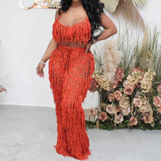 Women's See-Through Crochet Tassel Beach Set – 2-Piece Knitted Cover-Up Suit