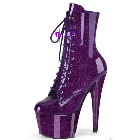17cm Platform Glitter Lace-Up Pole Dance Boots – Unisex Stiletto High Heels