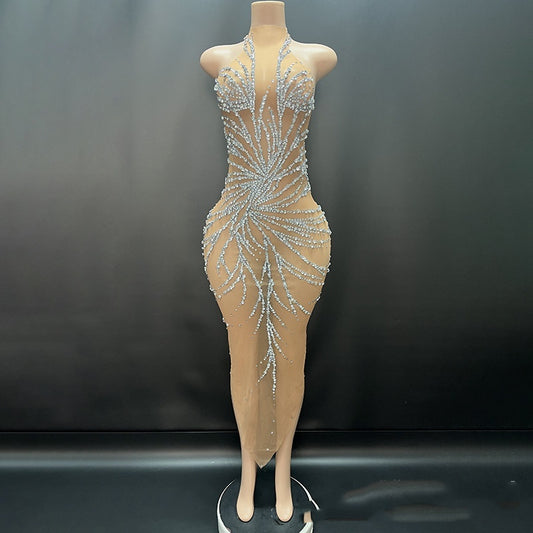 Crystal Radiance Mesh Gown – Women’s Sleeveless Sparkling Host & Gala Dress