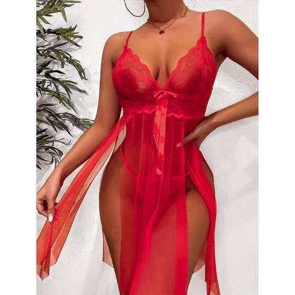 Sultry Scarlet Lace Mesh Babydoll Lingerie Set – Sheer Suspender Dress with Matching Panty