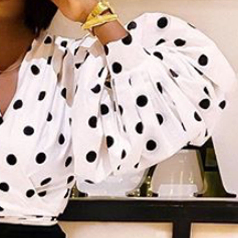 Polka Dot Wrap Blouse – Puff Sleeve Tie Waist Statement Top