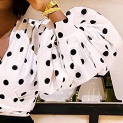 Polka Dot Wrap Blouse – Puff Sleeve Tie Waist Statement Top