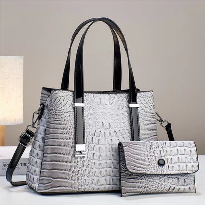 Women’s Crocodile Pattern Tote Bag Set – Large Capacity PU Leather Handbag with Matching Clutch