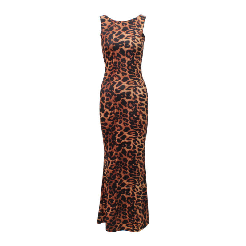 Leopard Print Sleeveless Backless Slim Fit Maxi Dress – European & American Fashion