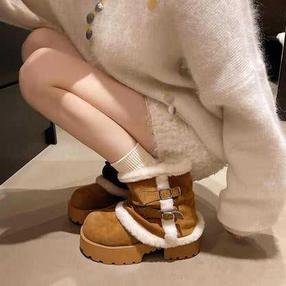 Women’s Suede Fur-Lined Winter Buckle Boots | Thick Sole Cozy Snow Ankle Boots