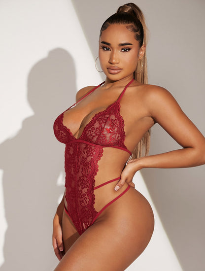 🌹 Seductive Allure Lace Jumpsuit – Wine Red, Sheer Elegance & Sultry Fit