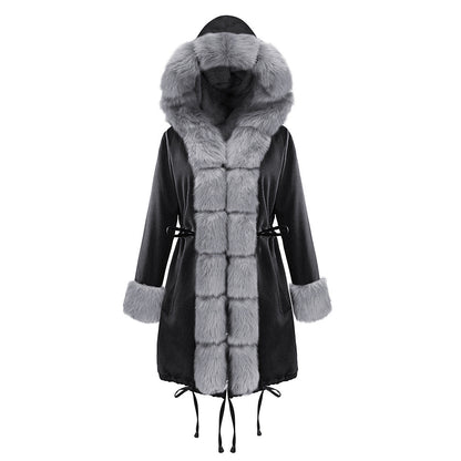 Women’s Hooded Cotton Jacket with Fur Collar – Winter Warm Long Coat