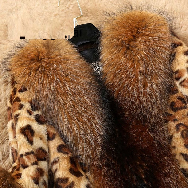 Luxury Leopard Print Faux Fur Coat – Mid-Length Winter Jacket with Fluffy Cuffs & V-Neck for Women