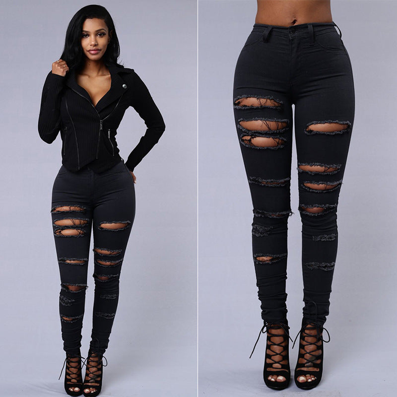 High-Waist Ripped Skinny Jeans – Casual Stretch Pencil Pants for Women