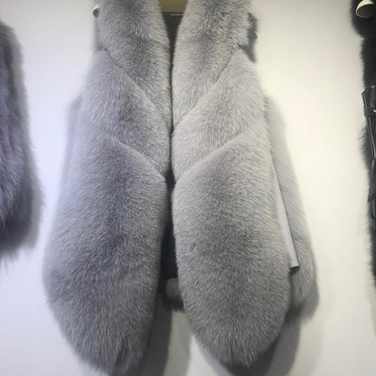 Women's Luxury Mid-Length Faux Fox Fur Vest | Plush Winter Sleeveless Coat in Chic Neutrals