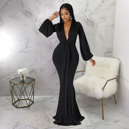 Luxury Deep V-Neck Lantern Sleeve Fishtail Evening Gown – Elegant Slim-Fit Mop Dress